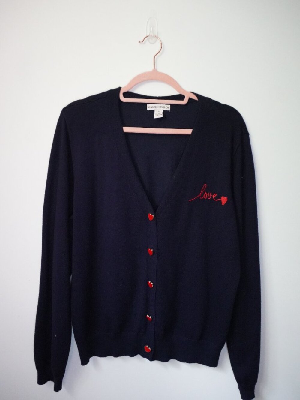 Carolyn Taylor Cardigan Navy Red Heart Embroidery & Buttons V-Neck X-Large